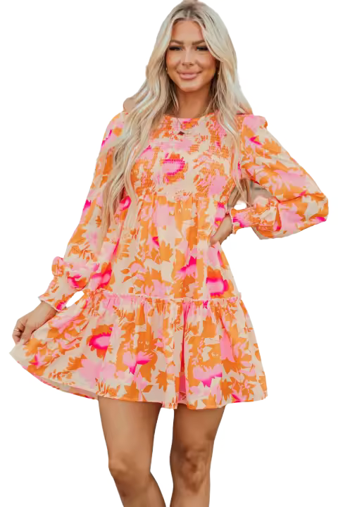 Elrachen Mini vestido con volantes y manga farol con estampado abstracto para mujer, naranja, tallas S-XL - 1