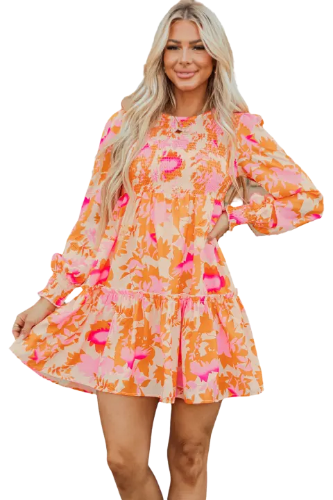 Elrachen Mini vestido con volantes y manga farol con estampado abstracto para mujer, naranja, tallas S-XL - 1