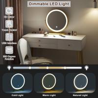 Tocador con luz ajustable con espejo, 3 cajones, con taburete de terciopelo Crema+Oro - details 4