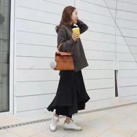 Falda de pantalones de cintura alta, cintura elástica, mallas gruesas, falda larga falsa de dos piezas con forro polar para mujer - details 8
