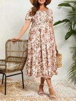 Vestido Retro Elegante para Mujer de Talla Grande Cuello Cuadrado, Pliegues en el Pecho, Alta Elasticidad, Estampado Floral - details 4