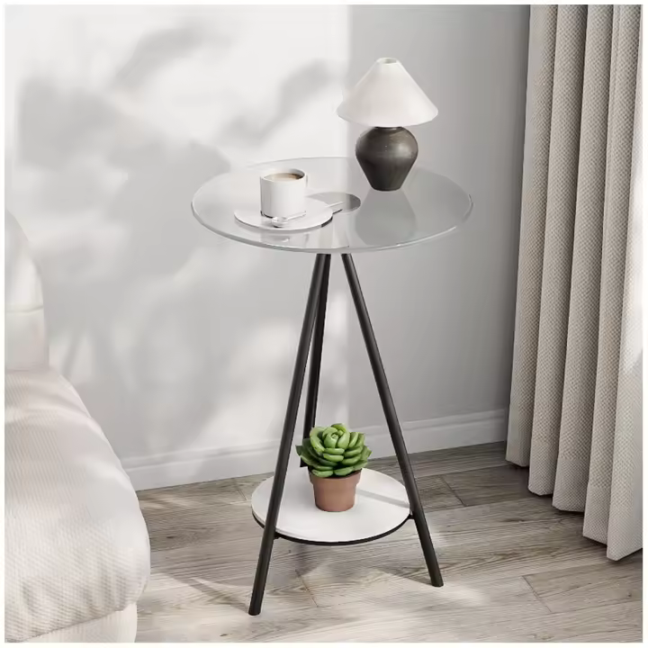 Mesa auxiliar moderna de acero, vidrio templado de 2 niveles, 40cm, fácil de montar para sala de estar, espacio pequeño - 1