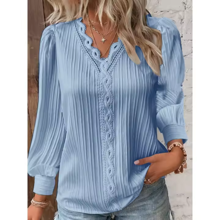 Blusa Informal De Manga Larga Con Cuello En V Para Mujer, Camisa De Retazos De Encaje, Color Sólido, Para Oficina, Primavera - 1