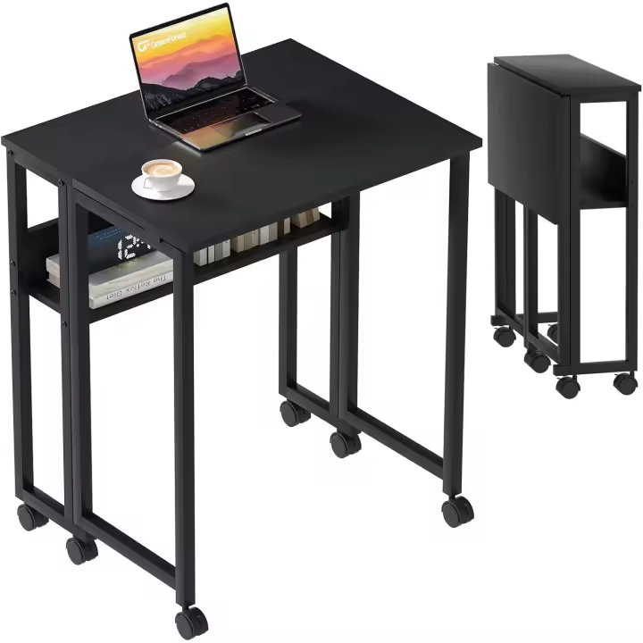 Escritorio Plegable Pequeño con Estante de Almacenamiento Negro Fácil de Montar - 1