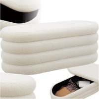 Taburete Almacenaje Bouclé, Carga: 120 kg, MDF, Puff Almacenaje, Taburete Dormitorio, Reposapies Puff, Zapatero Entrada Recibidor, Asiento Acolchado, Ideal Salón Hogar - 42 x 47 cm Crema - details 8