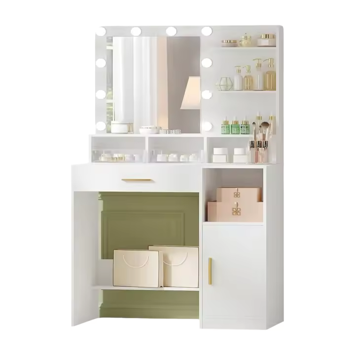 Tocador con Espejo y 10 Luces LED, tocador de Maquillaje con 3 estantes y 4 Compartimentos Abiertos, tocador con cajón Grande y Armario, 3 Luces Ajustables, Blanco VT08103X - 1