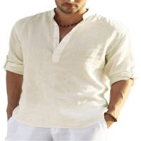 Camiseta Henley de lino y algodón para hombre, camisa de manga larga, Hippie, informal, para playa, color blanco, talla S-5XL - details 3