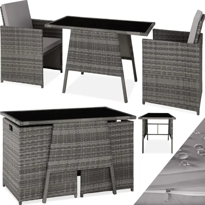 Conjunto Jardín Exterior de Ratán y Aluminio, Muebles Jardín Exterior Resistente a la Intemperie, 2 Sillas con Cojines, Mesa Cristal, Apilable, Fundas Extraíbles - Negro - 1
