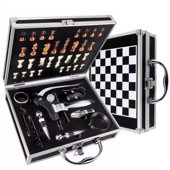 Set Sommelier Premium 9 Piezas Juego de accesorios para abridor de vino - Estuche Madera Vintage con Ajedrez, Accesorios Bronce Antiguo, Incluye Tirabuzón Doble + Dosificador Águila, Ideal para Regalos y Coleccionistas de Vino（Termómetro no incluido） - 1
