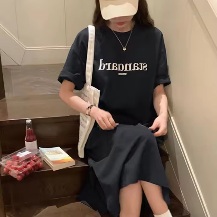 Vestido de talla grande Ins Sle de manga corta, novedad de verano para mujer, holgado, adecuado para uso diario, Idle Sle, longitud media, Le... - 1