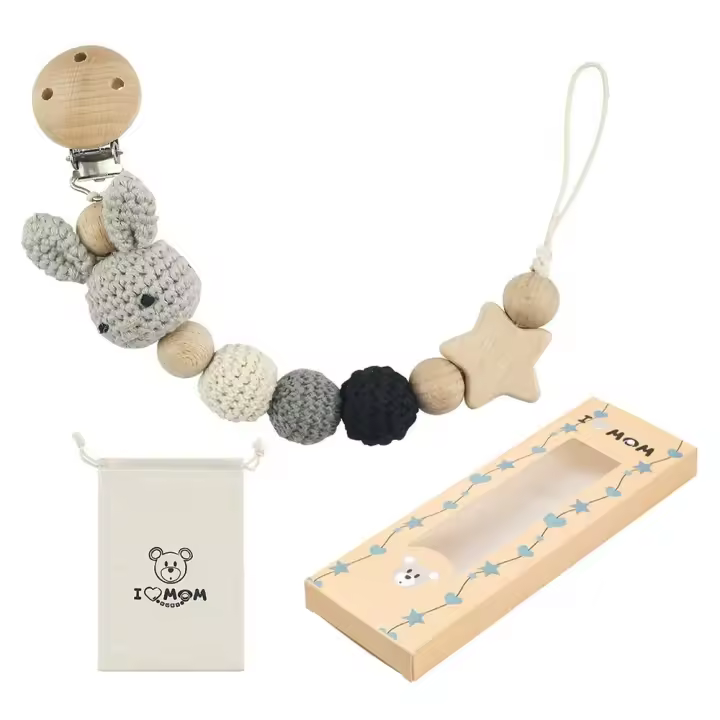 Portaclips de Chupete de Madera de Haceda con Bolsa de Almacenamiento Soporte de Chupete de Animal de Dibujos Animados para Bebés Productos Normales - 1
