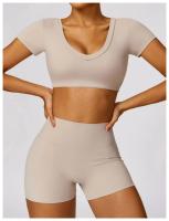 Conjunto de mallas de yoga, top, conjunto deportivo Fiess de manga corta, material de nailon para mujer, patrón sólido adaptable para primavera/verano - details 17