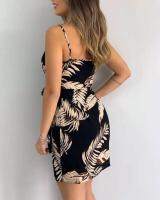 Vestido casual con cuello en V y estampado tropical para mujer, minivestido sin mangas para vacaciones de verano - details 8