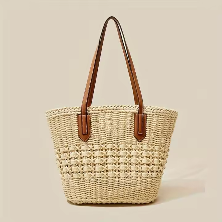 Bolso de Paja Hueco a Moda Casual Bolso de Playa para Mujeres de Gran Capacidad con Cinturón de Trenza Ideal para Compras Diarias y Viajes - 1