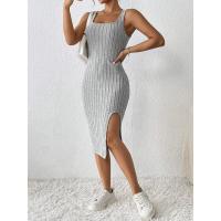 Vestido sin tirantes de punto estilo verano para mujer, vestido sin mangas con cuello cuadrado y falda con abertura lateral, vestidos - details 0
