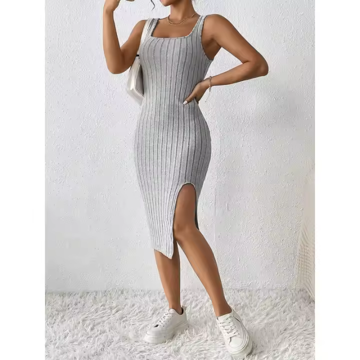 Vestido sin tirantes de punto estilo verano para mujer, vestido sin mangas con cuello cuadrado y falda con abertura lateral, vestidos - 1