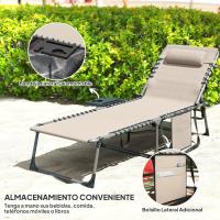 Exterior con respaldo ajustable, reposacabezas, bolsillo lateral, bandeja y estructura de acero, carga 120 kg para terraza, piscina, playa, 190x60x31 cm, color crema. - details 1