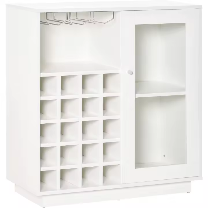 Aparador de Cocina con Botellero para 20 Botellas Armario Auxiliar con 1 Puerta de Cristal Estantes y Soporte de Copas de Vino para Comedor Bar 80x36x85 cm Blanco - 1
