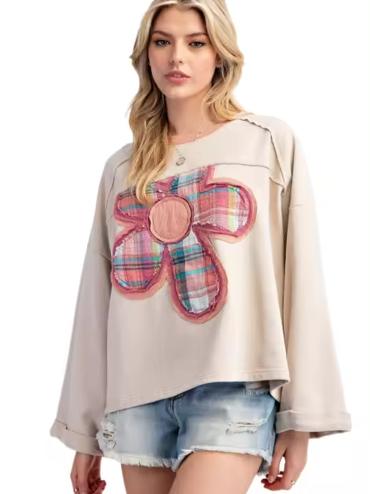 Suéter de manga larga sic para mujer, cuello redondo, manga holgada, estilo floral, adecuado para jóvenes - 1