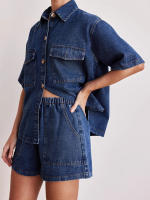 Trajes de verano para mujer, camisa de manga corta con botones de mezclilla de Color sólido y pantalones cortos elásticos, ropa de calle para discoteca, ropa de moda - details 4