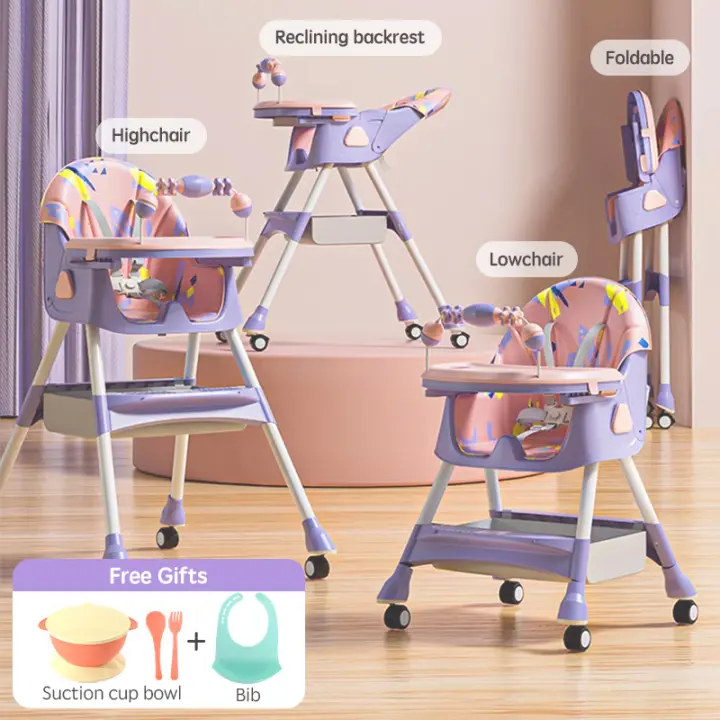 PANGDUBE Silla reclinable para comer para bebés, silla de comedor plegable multifuncional para niños de 6 meses ~ 3 años, silla de alimentación para bebés con ruedas - 1