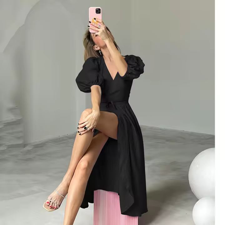 Novedad de verano, corte en V de algodón puro, cintura con abertura, diseño ceñido, línea A, Dre para mujer - 1