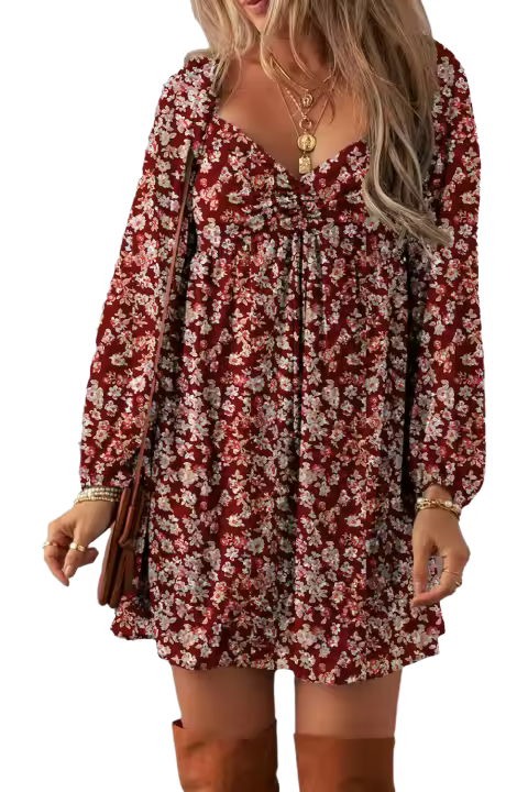 Elrachen Mini vestido con espalda fruncida y cuello de corazón con estampado floral para mujer, rojo, tallas S-XL - 1