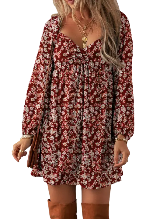 Elrachen Mini vestido con espalda fruncida y cuello de corazón con estampado floral para mujer, rojo, tallas S-XL - 1