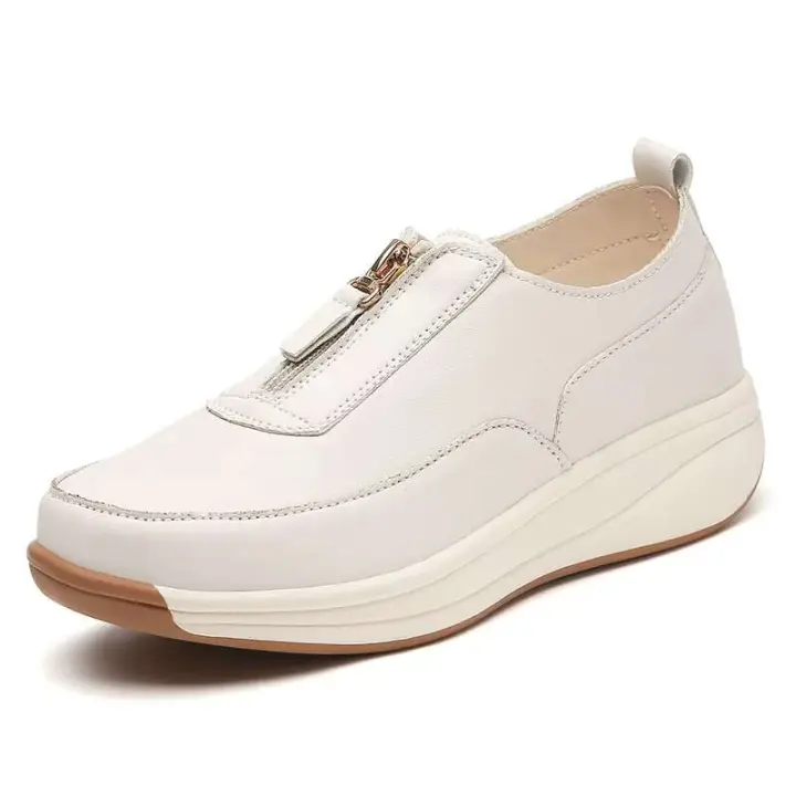 Nuevo estilo 2025, mocasines con cuña para mujer, peso ligero, suela de PU con cremallera, zapatillas informales con plataforma Beige para mujer, fabricante Big 43 - 1