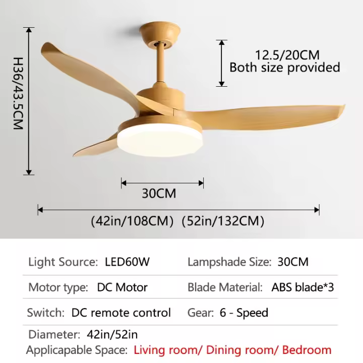 Ventilador de techo de 52 pulgadas con 3 aspas de ABS, motor de cobre puro de 35W CC, luz LED de 60W, compatible con control remoto y vientos fuertes. - 1