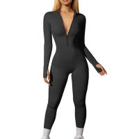 Monos de Yoga de manga larga acanalados para mujer, monos deportivos con cremallera frontal, ropa informal diaria para el hogar - details 7