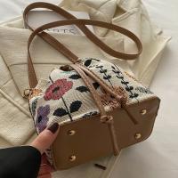 Bolso tipo cubo floral retro para mujer, bandolera con correa ajustable y cierre con cordón, bolso informal para todos los días con estampado floral multicolor marrón claro, forro de poliéster duradero y ribete con borde de aceite, bolso floral, accesorio - details 3