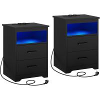 2 Piezas con Iluminación LED, Mesilla Noche con Estación Carga, Puertos USB, 2 Cajones, Mesa Sofá, para Dormitorio, Salón (Negro) - details 0