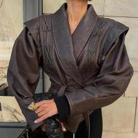Chaqueta Corta de Cuero con Cinturón Abrigo de Moto de Manga Larga para Mujer - details 8