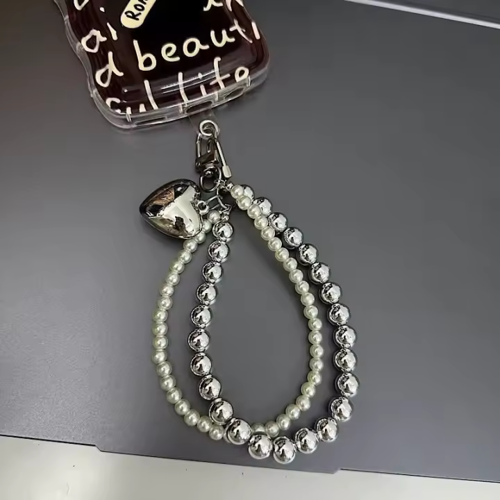 Para Ins, cuentas de plata y perlas, cadena doble, gota de amor, cadena para teléfono móvil, cadena para teléfono móvil, llavero colgante para coche, teléfono móvil apagado - 1
