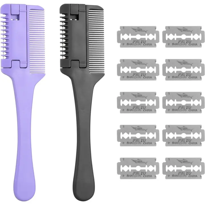 Peine para cortar el pelo, herramienta de adelgazamiento, doble cara con 10 cuchillas de repuesto - 1