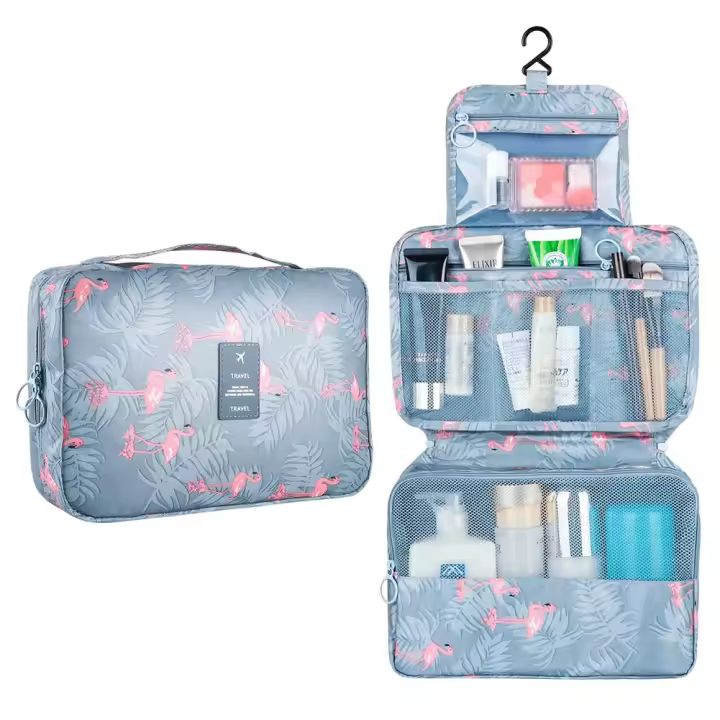 Neceser de viaje colgante, bolsa organizadora de cosméticos y maquillaje con flamencos - 1