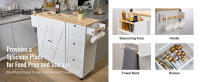 SucceBuy Carro de isla de cocina Gabinete de almacenamiento con ruedas y tapa de madera maciza con estante para especias, toallero, hoja abatible y cajón - details 1
