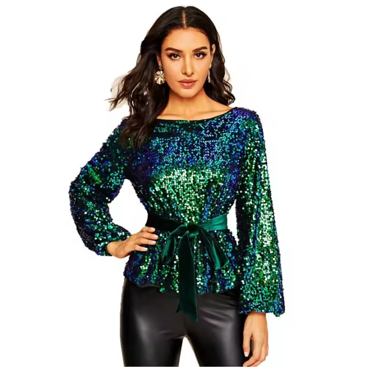 Camisetas de lentejuelas brillantes para mujer, camisas de manga larga con purpurina brillante - 1