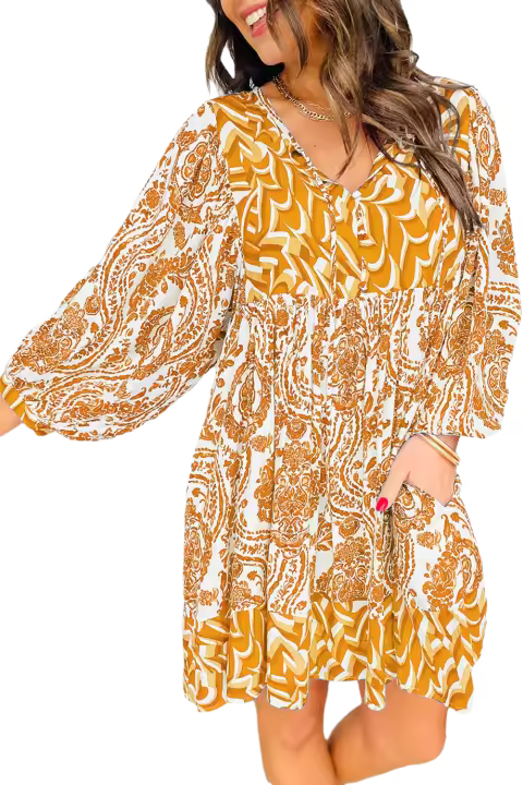 Elrachen Mini vestido acampanado con cuello en V y manga abullonada con estampado bohemio para mujer, naranja, tallas S-XL - 1