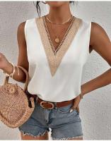 Blusa de encaje Parchwork para mujer, camiseta holgada con agujeros para verano, ropa de calle informal, Top sin mangas con cuello en V Lac - details 2