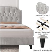 Tapizado en terciopelo Cama de matrimonio con cabecera ajustable en altura Marco de cama Soporte con listones de madera 160 × 200 cm Beige - details 4