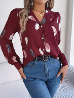 Blusa de manga larga con estampado de plumas para mujer, camisa blanca a la moda, Top informal para oficina, ropa elegante para mujer, novedad de otoño - details 11