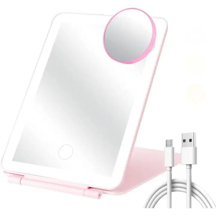 Farerkass Maquillaje Portátil Plegable, 3 Colores Claros, Interruptor Táctil, Brillo Ajustable, Tocador con Luz, Incluye 10x - 1