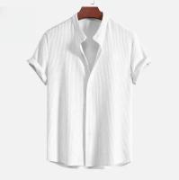 Camisa de manga corta a rayas Vtical para hombre con cuello alto, Top holgado informal de gran tamaño a la moda para playa, Color sólido, - details 4