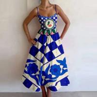 Novedad de verano, estampado de peces y camarones de moda para mujer, cuello en U, cintura plisada con tirantes grandes, vestido largo sexy - details 7