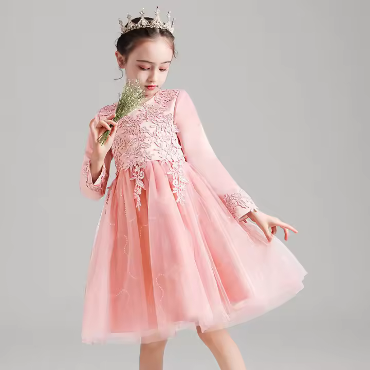 Vestido de noche para niñas con falda abullonada de malla con bordado de estilo nuevo para niños - 1