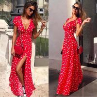 Nueva falda larga dividida de manga corta con estampado de puntos de verano - details 4