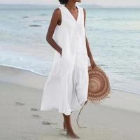 Vestido holgado informal de verano con bolsillos de lino y algodón, vestido estilo playero con cuello en V, vestido sin mangas Vintage para discoteca, vestido Midi liso para mujer - details 1