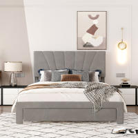 Cama de Almohada de Terciopelo Doble Tamaño 140 x 200 cm Marco de Almohada con Espalda y Cajón Grande Adecuada para Adultos y Adolescentes Gris - details 3